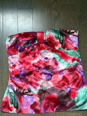 Y2K watercolor tube top, pink, red, teal, purple with bow detailing